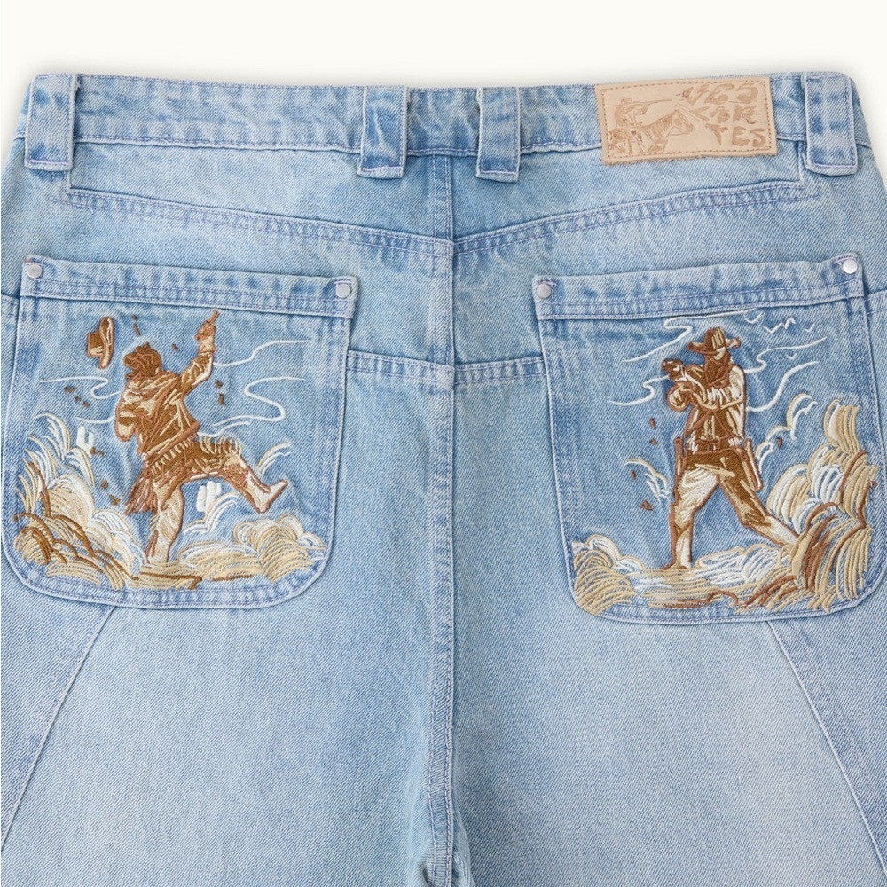 VESCARTES Fast Draw Cowboy Rodeo Fair Streetwear Embroidered Jeans Large GUC